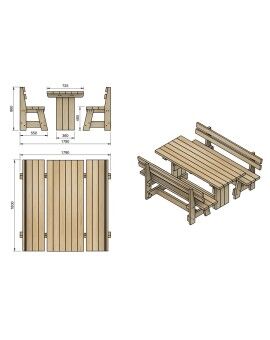 Taula de fusta exterior MASGAMES CALELLA amb bancs amb respatller MASGAMES VIC